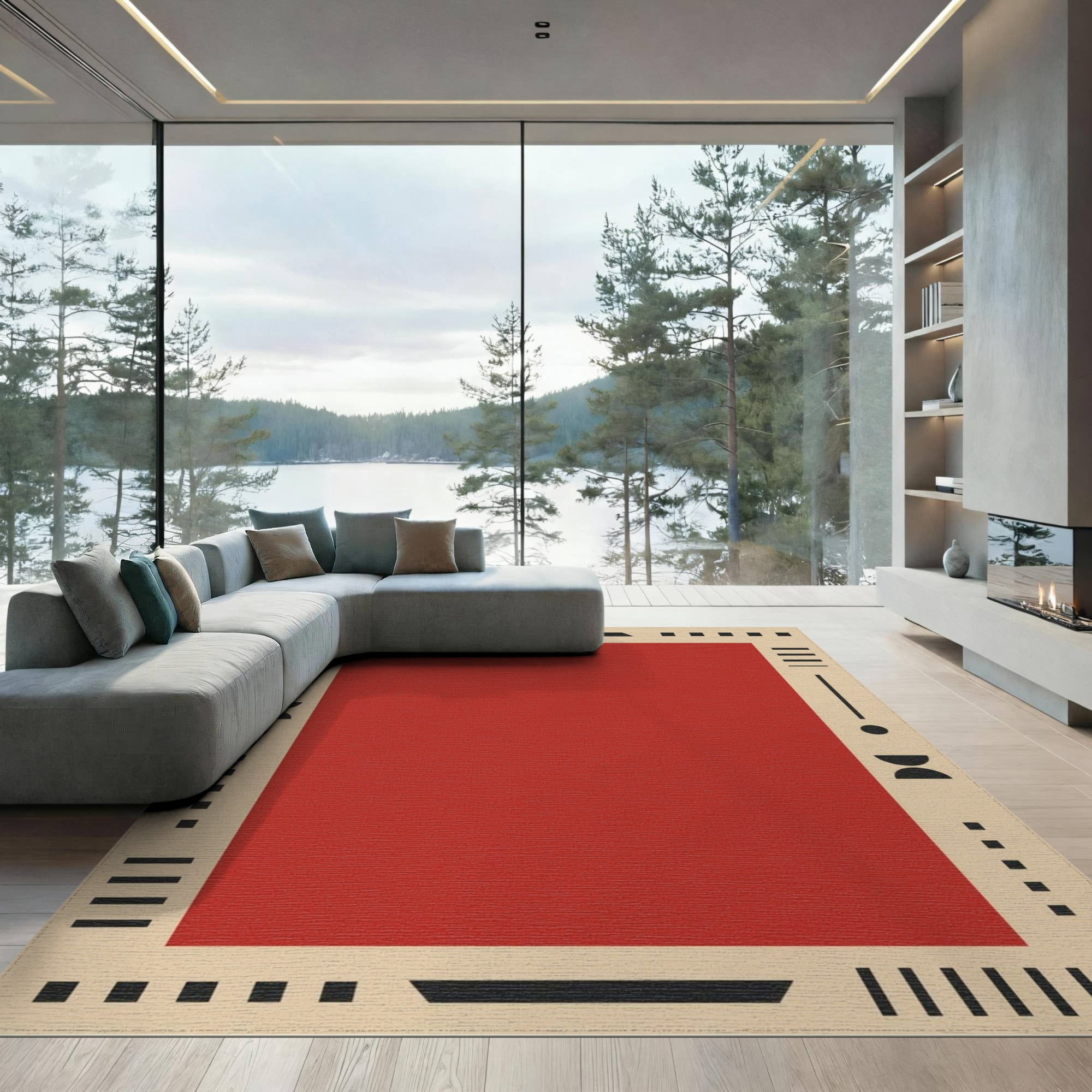 Border Style Rugs ODIKA 9'x12' Washable Area Rug Low Pile, Flatwoven, Red Vibrant ...
