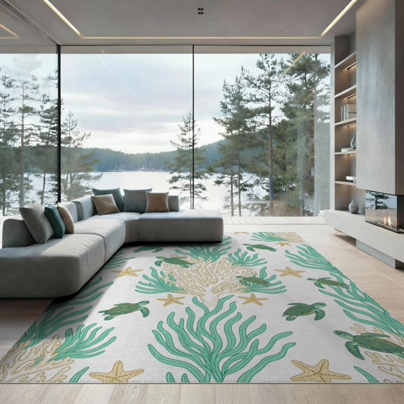 ODIKA 9'x12' Washable Area Rug Low Pile, Flatwoven, Starfish Nautical Ocean Wave Border Motif Seashell Turtle Reef Refined for Great Room, Indoor Concept, Large Living