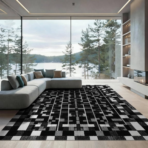 ODIKA 9'x12' Washable Area Rug Low Pile, Flatwoven, Table Interlocking Pvc Motif Structured Contemporary Dining Under for Great Room, Indoor Concept, Large Living