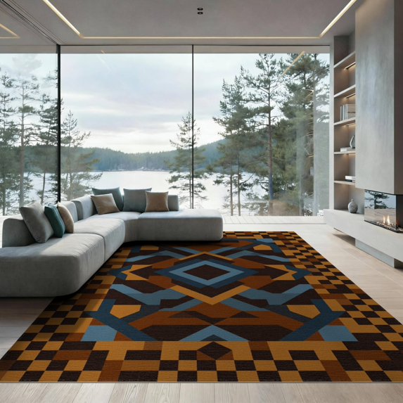 ODIKA 9'x12' Washable Area Rug Low Pile, Flatwoven, Throw Featuring Large Checkerboard Border Bands Couch Checkered for Great Room, Indoor Concept, Living