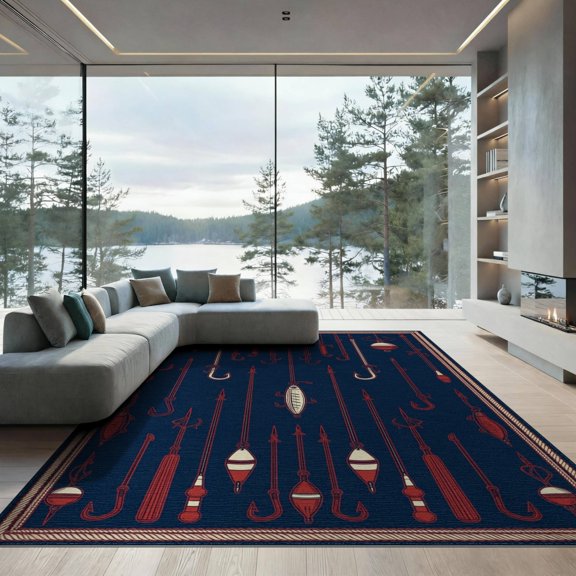 ODIKA 9'x12' Washable Area Rug Low Pile, Flatwoven, Vintage Angling Gear Novelty Design Hand Hooked Maritime Theme for Great Room, Indoor Concept, Large Living