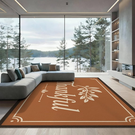 ODIKA 9'x12' Washable Area Rug Low Pile, Flatwoven, Warm Brown Thankful Leaf Design Elegant with Botanical Accents for Great Room, Indoor Concept, Large Living