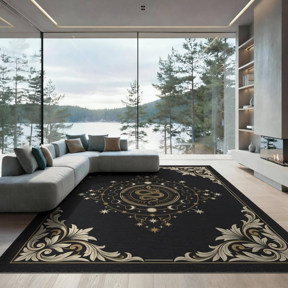 ODIKA 9'x12' Washable Area Rug Medallion With Vintage Moon Phase Border Snake Gothic Celestial Playful for Great Room, Indoor Concept, Large Living Low Pile, Flatwoven