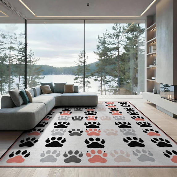 ODIKA 9'x12' Washable Area Rug Modern Geometric Dog Print Contemporary Animal Motif Repeating Border for Dining Room, Basement, Large Office, Non-Slip Chair-Friendly
