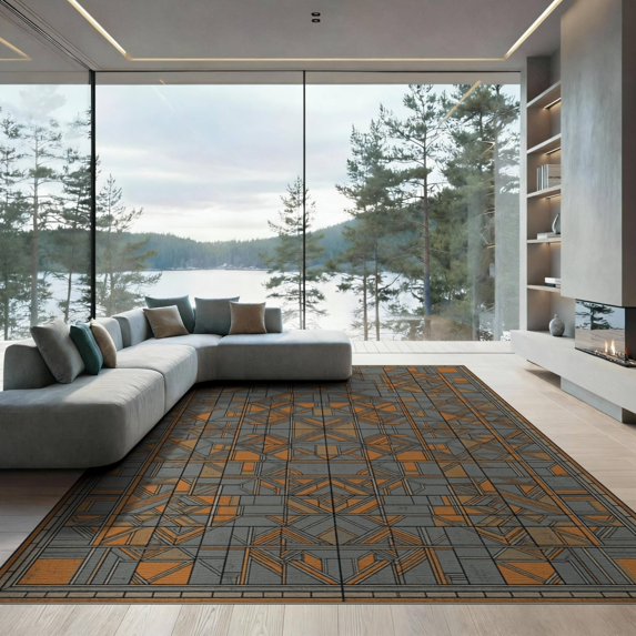 ODIKA 9'x12' Washable Area Rug Mosaic Interlocking Motif Brushstroke Block Abstract Distressed Refined for Great Room, Indoor Concept, Large Living Low Pile, Flatwoven