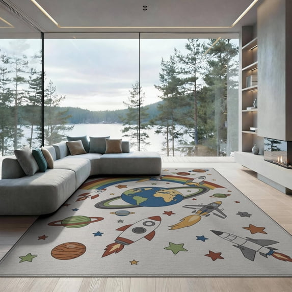 ODIKA 9'x12' Washable Area Rug Motifs Plane Educational Border Cartoon Galaxy Constellation Rocket Flowing for Master Suite, California King, Under Bed, Non-Shedding, Easy Care