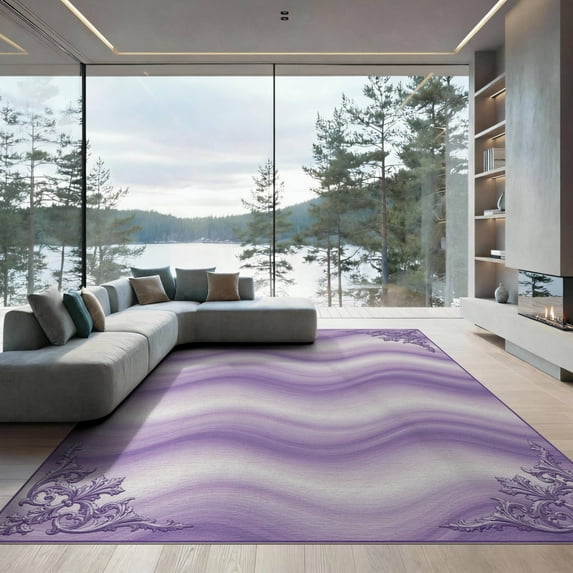 ODIKA 9'x12' Washable Area Rug Non-Shedding, Easy Care Abstract Tie Gradient Flow Gothic Horizontal Band Purple for Master Suite, California King, Under Bed