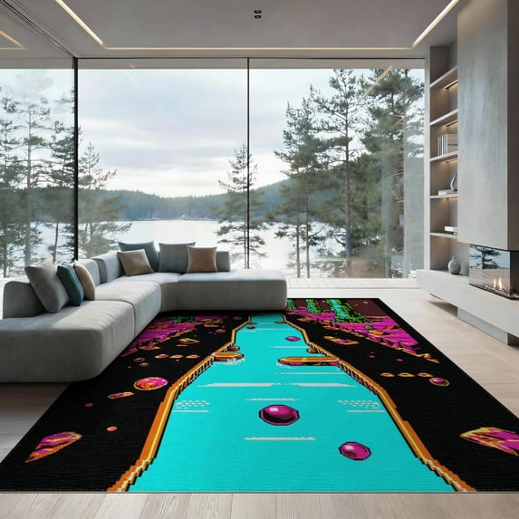 ODIKA 9'x12' Washable Area Rug Non-Shedding, Easy Care Alfombra Motif Scatter Arcade Gamer Glowing Gamepad Border Cracked for Master Suite, California King, Under Bed