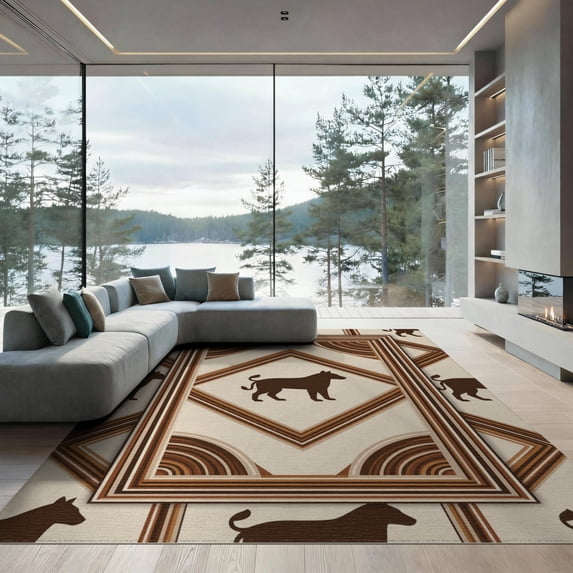 ODIKA 9'x12' Washable Area Rug Non-Shedding, Easy Care Beige Decorative Abstract Spotted Motif Symmetrical Striped Cow for Master Suite, California King, Under Bed