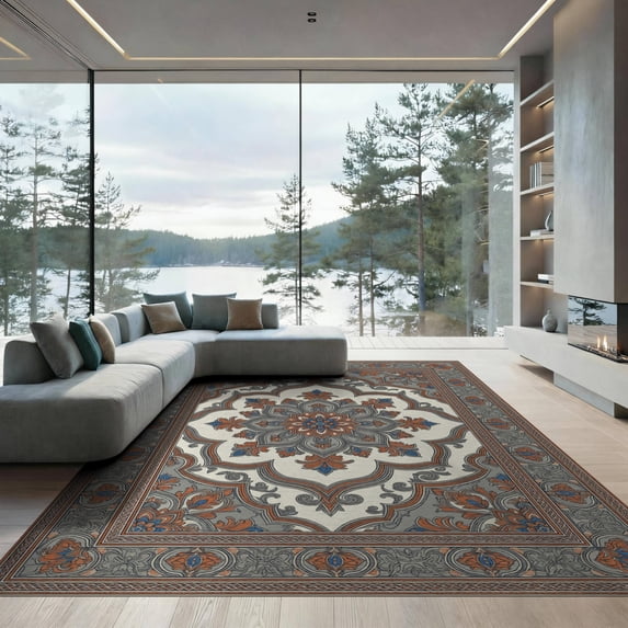 ODIKA 9'x12' Washable Area Rug Non-Shedding, Easy Care Beige Ornate Cream Interlocking Mirrored Traditional Entryway for Master Suite, California King, Under Bed