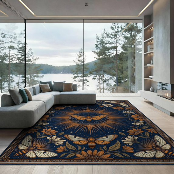 ODIKA 9'x12' Washable Area Rug Non-Shedding, Easy Care Boho Floral With Mystical Celestial Medallion Accents Witchy Moth Refined for Master Suite, California King, Under Bed