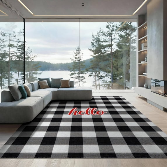 ODIKA 9'x12' Washable Area Rug Non-Shedding, Easy Care Buffalo Plaid Farmhouse Check With Hello Lettering Christmas Motif for Master Suite, California King, Under Bed