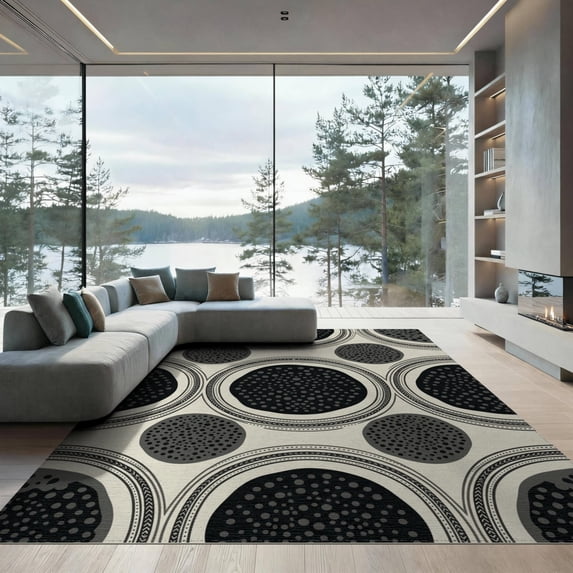 ODIKA 9'x12' Washable Area Rug Non-Shedding, Easy Care Centerpiece Motifs Inspired Abstract Patchwork Cow Snack Spotted Playful for Master Suite, California King, Under Bed