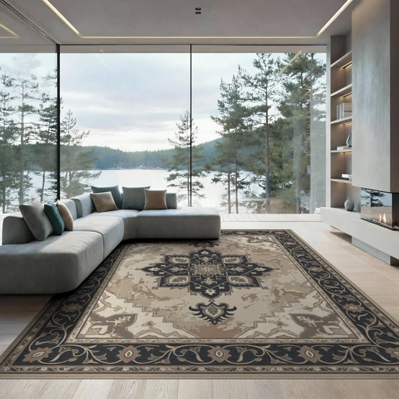 ODIKA 9'x12' Washable Area Rug Non-Shedding, Easy Care Crisp Edge Flat Tone Background Abstract Geometric Statement for Master Suite, California King, Under Bed