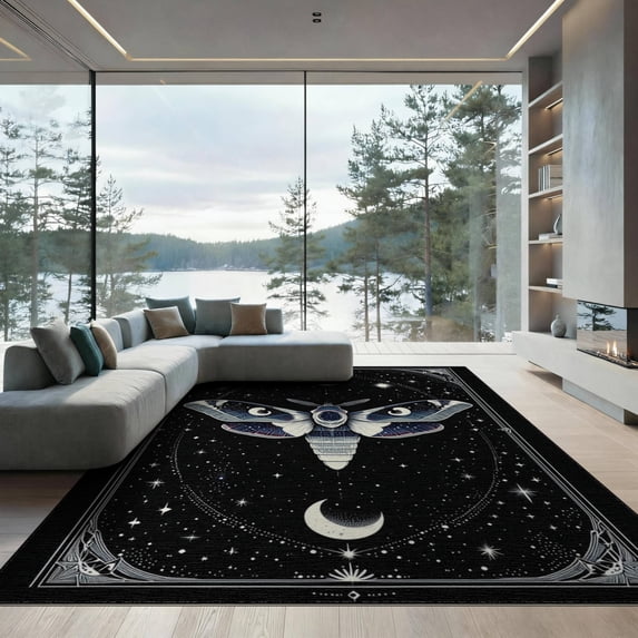 ODIKA 9'x12' Washable Area Rug Non-Shedding, Easy Care Death Academia Moth Gothic Witchy Mystical Galaxy Stars Moons for Master Suite, California King, Under Bed