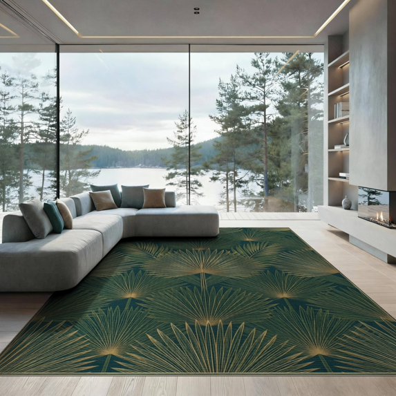 ODIKA 9'x12' Washable Area Rug Non-Shedding, Easy Care Fan Shaped Botanical Motif Elegant Border Structured Foliage Design for Master Suite, California King, Under Bed