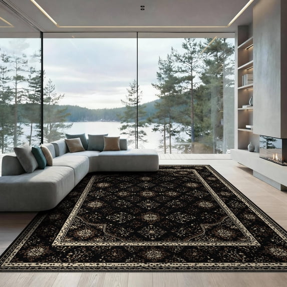 ODIKA 9'x12' Washable Area Rug Non-Shedding, Easy Care Farmhouse Banded Border Concentric Ring Folk Primitive Spotted Refined for Master Suite, California King, Under Bed