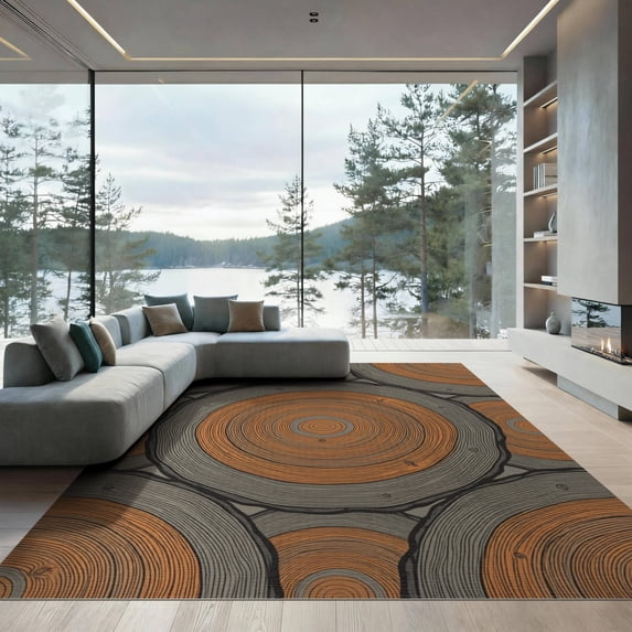 ODIKA 9'x12' Washable Area Rug Non-Shedding, Easy Care Farmhouse Rings Earthy Ring Concentric Annual Growth Stump Grain Refined for Master Suite, California King, Under Bed