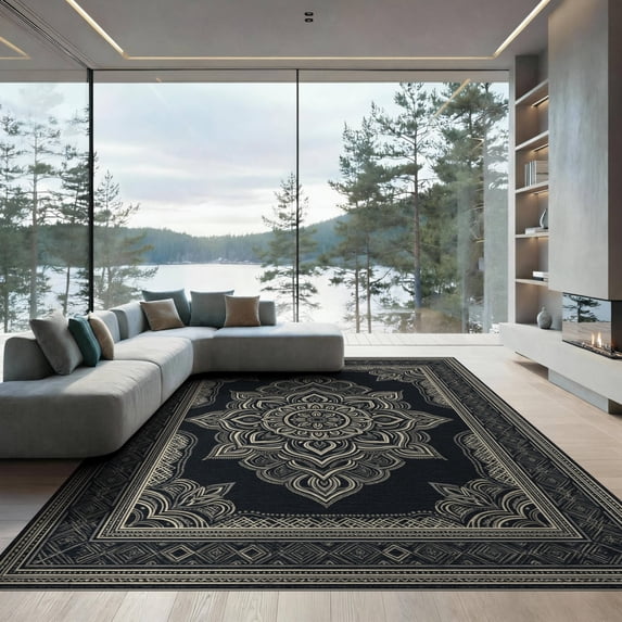 ODIKA 9'x12' Washable Area Rug Non-Shedding, Easy Care Farmhouse Symmetrical Motif Delicate Interlocking Desk Dining for Master Suite, California King, Under Bed