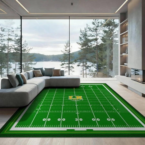 ODIKA 9'x12' Washable Area Rug Non-Shedding, Easy Care Field Football Layout Athletic Stripes Touchdown Theme for Master Suite, California King, Under Bed
