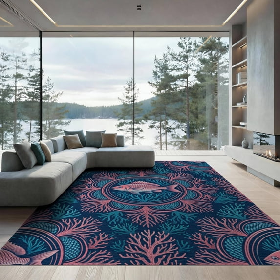 ODIKA 9'x12' Washable Area Rug Non-Shedding, Easy Care Fish Medallion With Coral Reef Scallop Motifs Mermaid Gradient Refined for Master Suite, California King, Under Bed