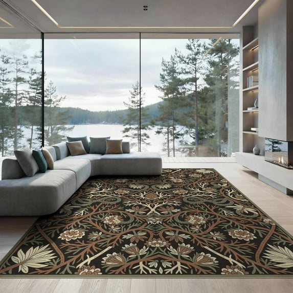 ODIKA 9'x12' Washable Area Rug Non-Shedding, Easy Care Forest Abstract Vintage Panels Serpent Border Botanical Snake Flowing Dynamic for Master Suite, California King, Under Bed
