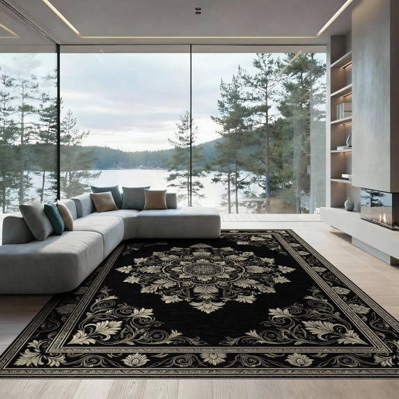 ODIKA 9'x12' Washable Area Rug Non-Shedding, Easy Care Foyer Boho Traditional Mirrored Detailing Entryway Beige Bamboo for Master Suite, California King, Under Bed