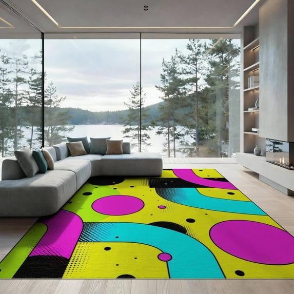 ODIKA 9'x12' Washable Area Rug Non-Shedding, Easy Care Funky Memphis Abstract Hipster 90S Retro Shapes Interlocking for Master Suite, California King, Under Bed