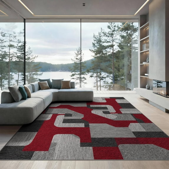 ODIKA 9'x12' Washable Area Rug Non-Shedding, Easy Care Geometric Abstract Squares Asymmetric Block Mosaic Long Border for Master Suite, California King, Under Bed