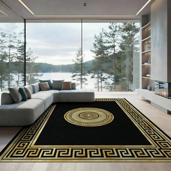 ODIKA 9'x12' Washable Area Rug Non-Shedding, Easy Care Greek Key Interlocking Border Meander Scroll Geometric Fret Bordered for Master Suite, California King, Under Bed