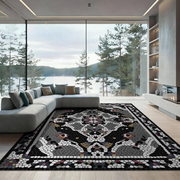 ODIKA 9'x12' Washable Area Rug Non-Shedding, Easy Care Grey Abstract Contemporary Mosaic Interlocking Border Brushstroke for Master Suite, California King, Under Bed