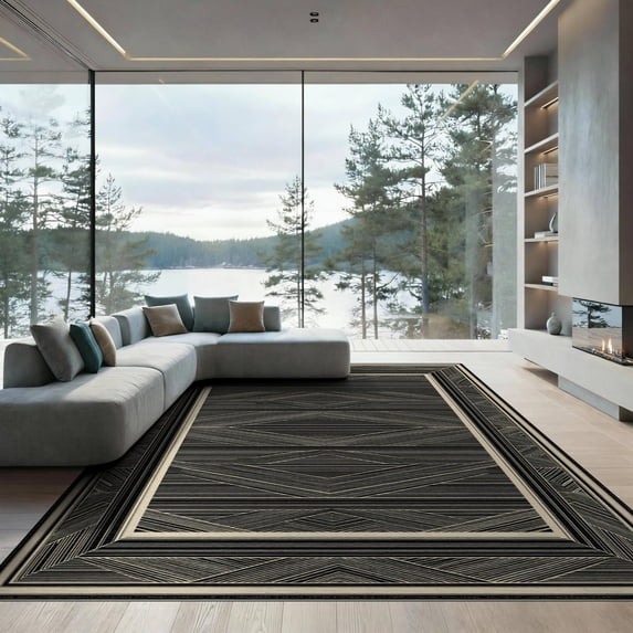 ODIKA 9'x12' Washable Area Rug Non-Shedding, Easy Care Large Minimalist Blackrug Symmetrical Block Motif Covering Border for Master Suite, California King, Under Bed