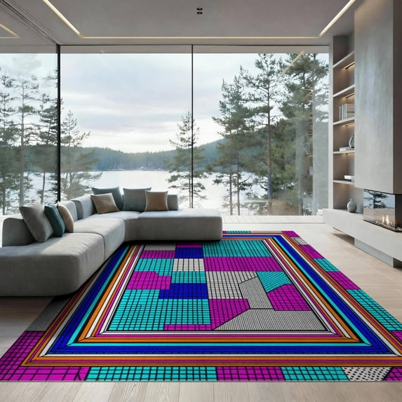 ODIKA 9'x12' Washable Area Rug Non-Shedding, Easy Care Memphis Bold Border Hip Blocks Retro Interlocking Squiggle Funky 80S Refined for Master Suite, California King, Under Bed