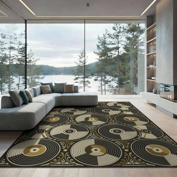 ODIKA 9'x12' Washable Area Rug Non-Shedding, Easy Care Music Disc Note Inspired Featuring Record Player Motifs Round for Master Suite, California King, Under Bed