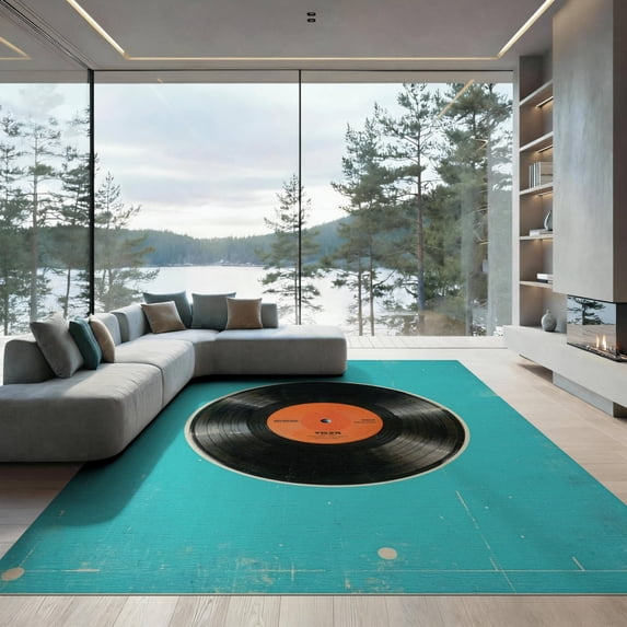 ODIKA 9'x12' Washable Area Rug Non-Shedding, Easy Care Music Note Vinyl Record Album Retro Y2k Disc Groove Round Cd for Master Suite, California King, Under Bed