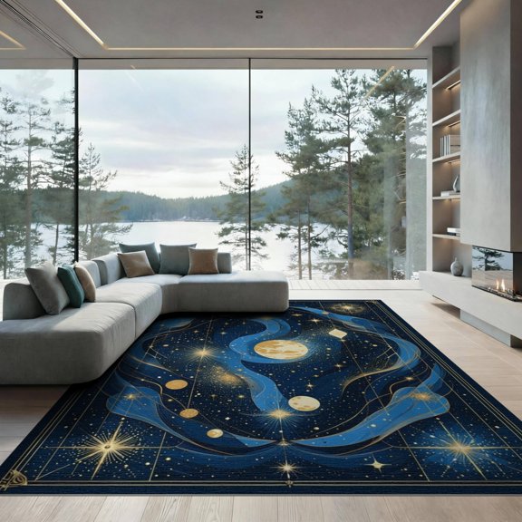 ODIKA 9'x12' Washable Area Rug Non-Shedding, Easy Care Navy Blue Celestial Geometric Design Swirling Galactic Motif with Accents for Master Suite, California King, Under Bed