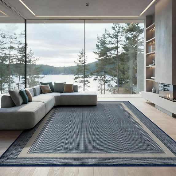 ODIKA 9'x12' Washable Area Rug Non-Shedding, Easy Care Navy Solid That Neutral Couch Design Modern Transitional Double Bordered for Master Suite, California King, Under Bed