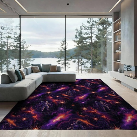ODIKA 9'x12' Washable Area Rug Non-Shedding, Easy Care Nebula Motif Sapcerug Arcade Fireworks Anime Cyber Astronaut Playful Expressive for Master Suite, California King, Under Bed