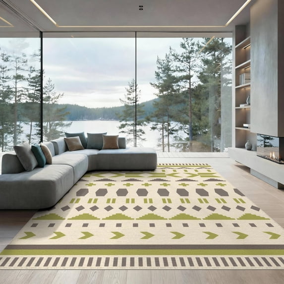 ODIKA 9'x12' Washable Area Rug Non-Shedding, Easy Care Olive Geometric Decorative Design Contemporary with Taupe Accents for Master Suite, California King, Under Bed