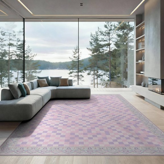 ODIKA 9'x12' Washable Area Rug Non-Shedding, Easy Care Pink Grid Purple Blocks Ornamental Frame Motif Artwork Checkered for Master Suite, California King, Under Bed