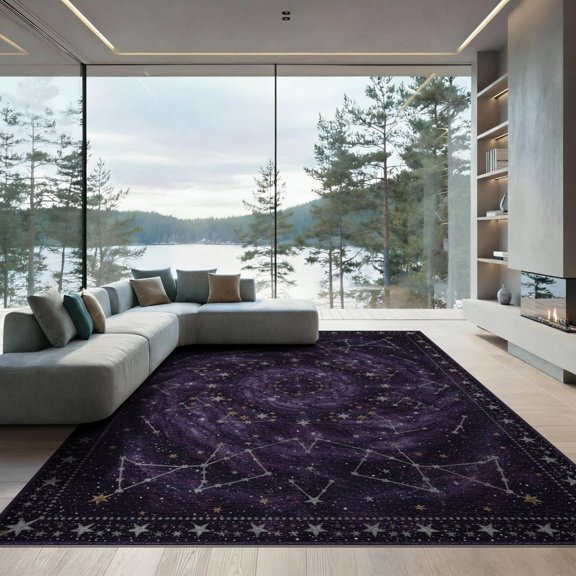 ODIKA 9'x12' Washable Area Rug Non-Shedding, Easy Care Purple Starry Nebula Clouds Twinkling Dots Symmetrical Motif for Master Suite, California King, Under Bed