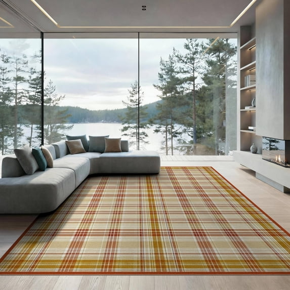 ODIKA 9'x12' Washable Area Rug Non-Shedding, Easy Care Rag Checkered Layered Farmhouse Tartan Plaid Boho Distressed for Master Suite, California King, Under Bed
