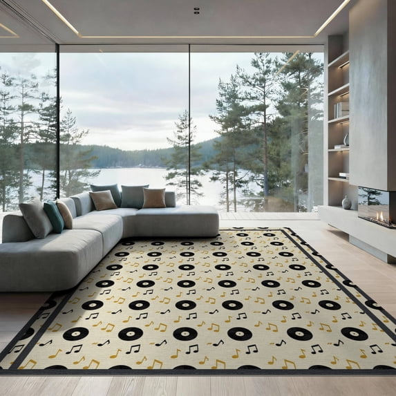 ODIKA 9'x12' Washable Area Rug Non-Shedding, Easy Care Record Retro Disc Repeating Album Round Cd Themed Music Vinyl Note Playful for Master Suite, California King, Under Bed