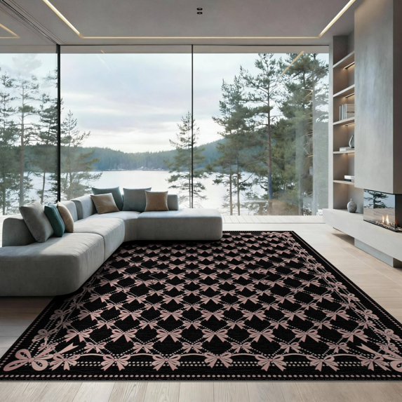 ODIKA 9'x12' Washable Area Rug Non-Shedding, Easy Care Ribbon Motif Repeating Lattice Shaped Themed Polka Pink Flowing Dynamic for Master Suite, California King, Under Bed