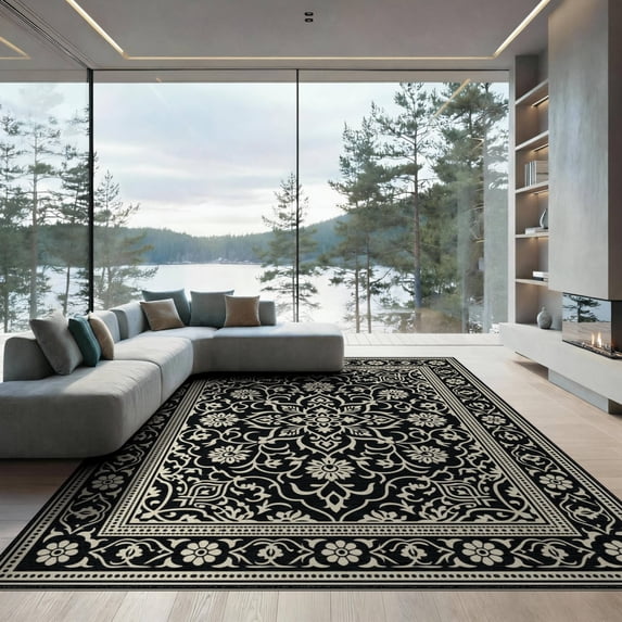 ODIKA 9'x12' Washable Area Rug Non-Shedding, Easy Care Scroll With Vintage Southwestern Border Motifs Oriental Boho Floral Playful for Master Suite, California King, Under Bed