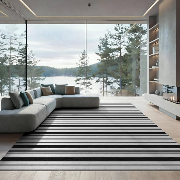 ODIKA 9'x12' Washable Area Rug Non-Shedding, Easy Care Stripe Contrast Front Geometric Striped Block Door Under Layering for Master Suite, California King, Bed