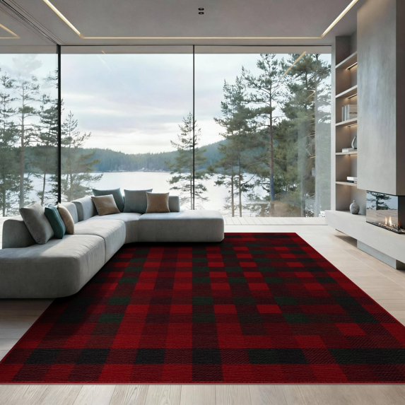 ODIKA 9'x12' Washable Area Rug Non-Shedding, Easy Care Tartan Gingham Striped Checkered Field Front Layering Large Plaid Flowing for Master Suite, California King, Under Bed