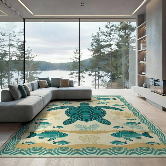 ODIKA 9'x12' Washable Area Rug Non-Shedding, Easy Care Turtle Beachy Ocean Entry Themed Teal Bathroom Long Nautical Flowing Dynamic for Master Suite, California King, Under Bed