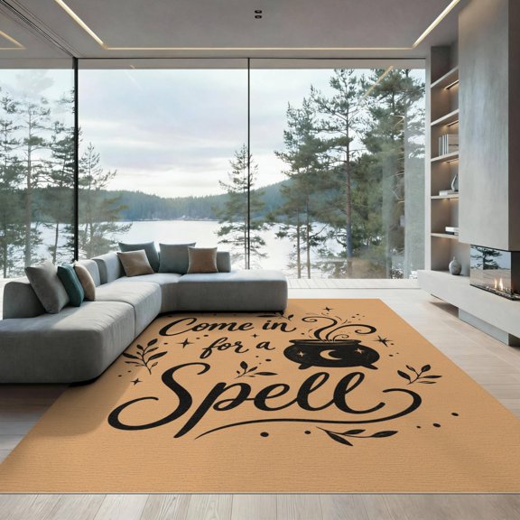 ODIKA 9'x12' Washable Area Rug Non-Shedding, Easy Care Warm Beige Magical Cauldron Design Enchanting Typography with Stars and Leaves for Master Suite, California King, Under Bed