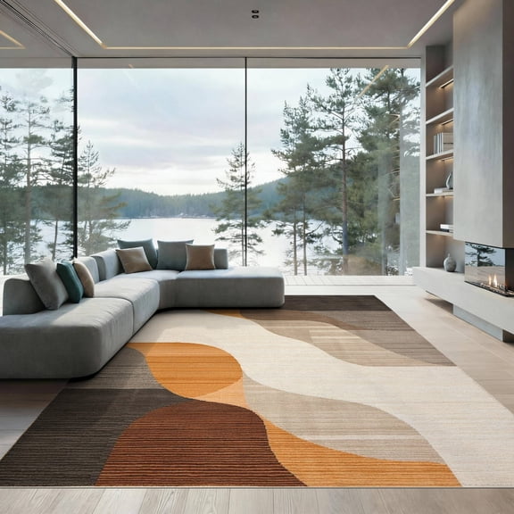 ODIKA 9'x12' Washable Area Rug Non-Slip, Chair-Friendly Beige Abstract Flowing Waves Design Elegant Interplay of and Shades for Dining Room, Basement, Large Office